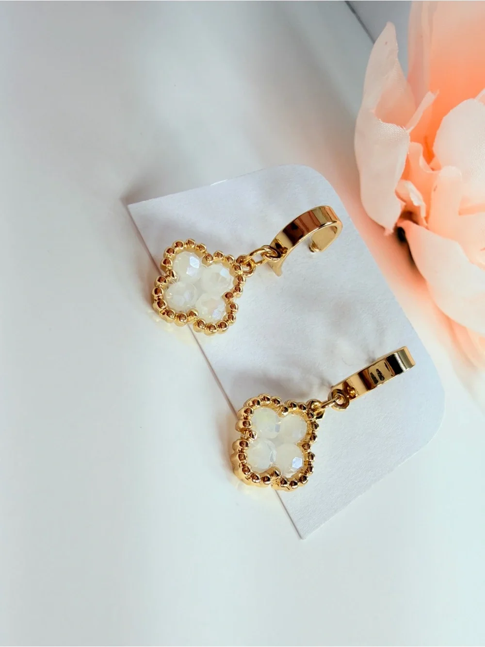 Gold Clover Drop Earrings with Opalescent Stones